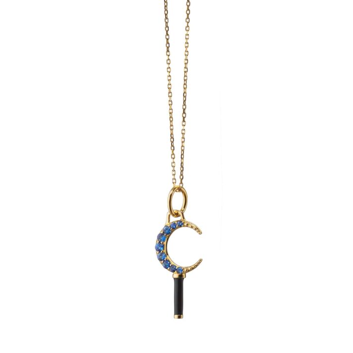 Mini "Dream" Moon Key with Sapphires & Black Enamel