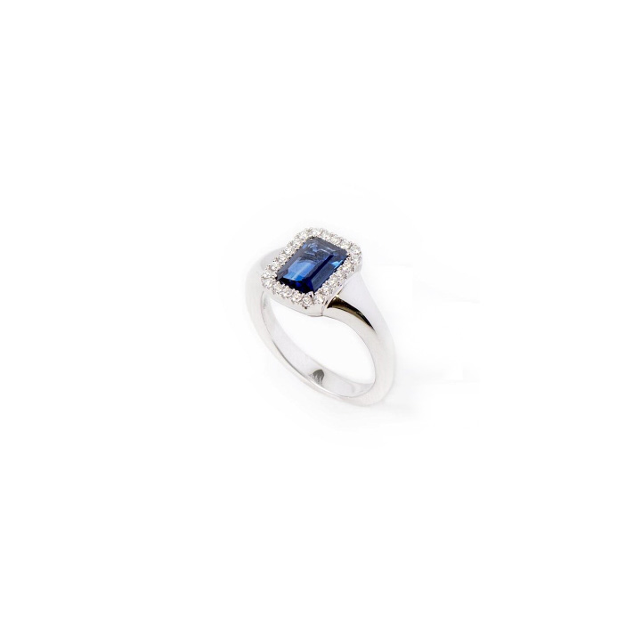 Emerald Cut Blue Sapphire diamond halo ring