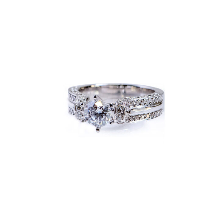 White Gold Ring with Side Diamonds and CZ Center